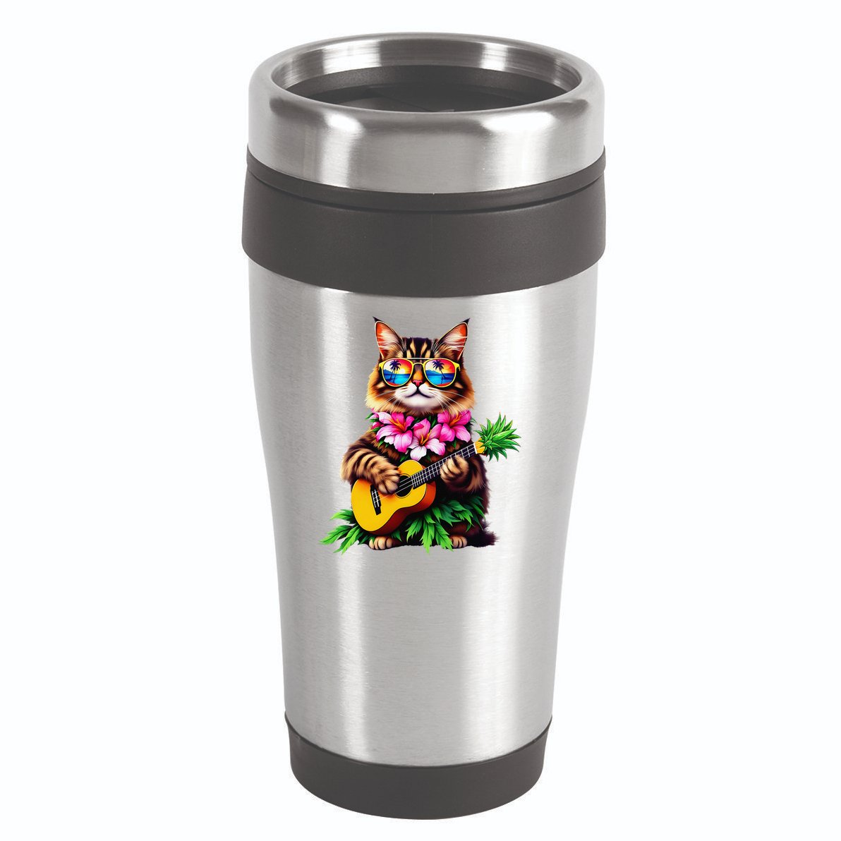 Hawaiian Maine Coon Cat Pineapple Ukulele Summer Vacation 16oz Travel Tumbler
