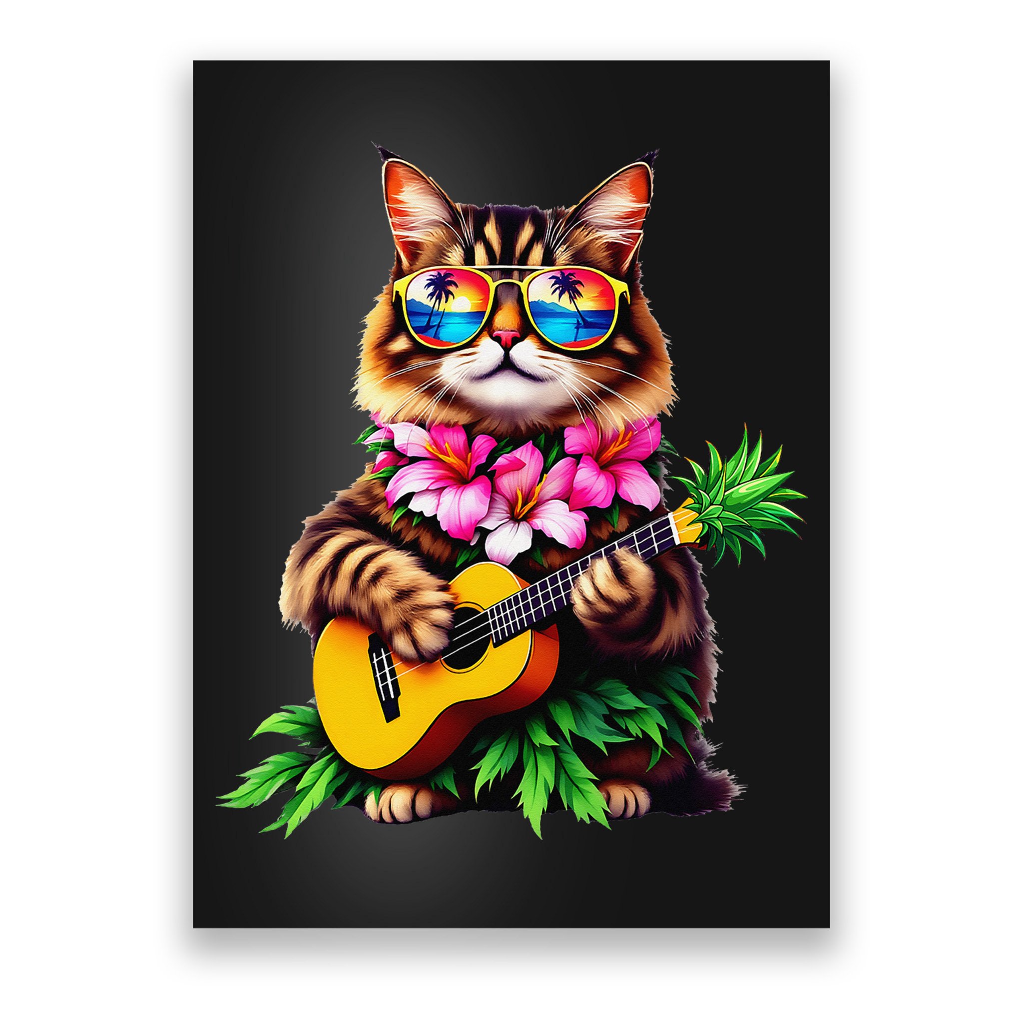 Hawaiian Maine Coon Cat Pineapple Ukulele Summer Vacation Poster