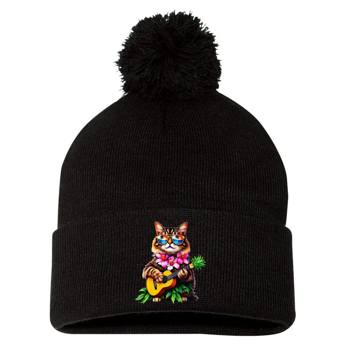 Hawaiian Maine Coon Cat Pineapple Ukulele Summer Vacation Pom Pom 12in Knit Beanie