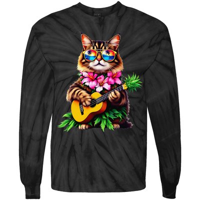Hawaiian Maine Coon Cat Pineapple Ukulele Summer Vacation Tie-Dye Long Sleeve Shirt