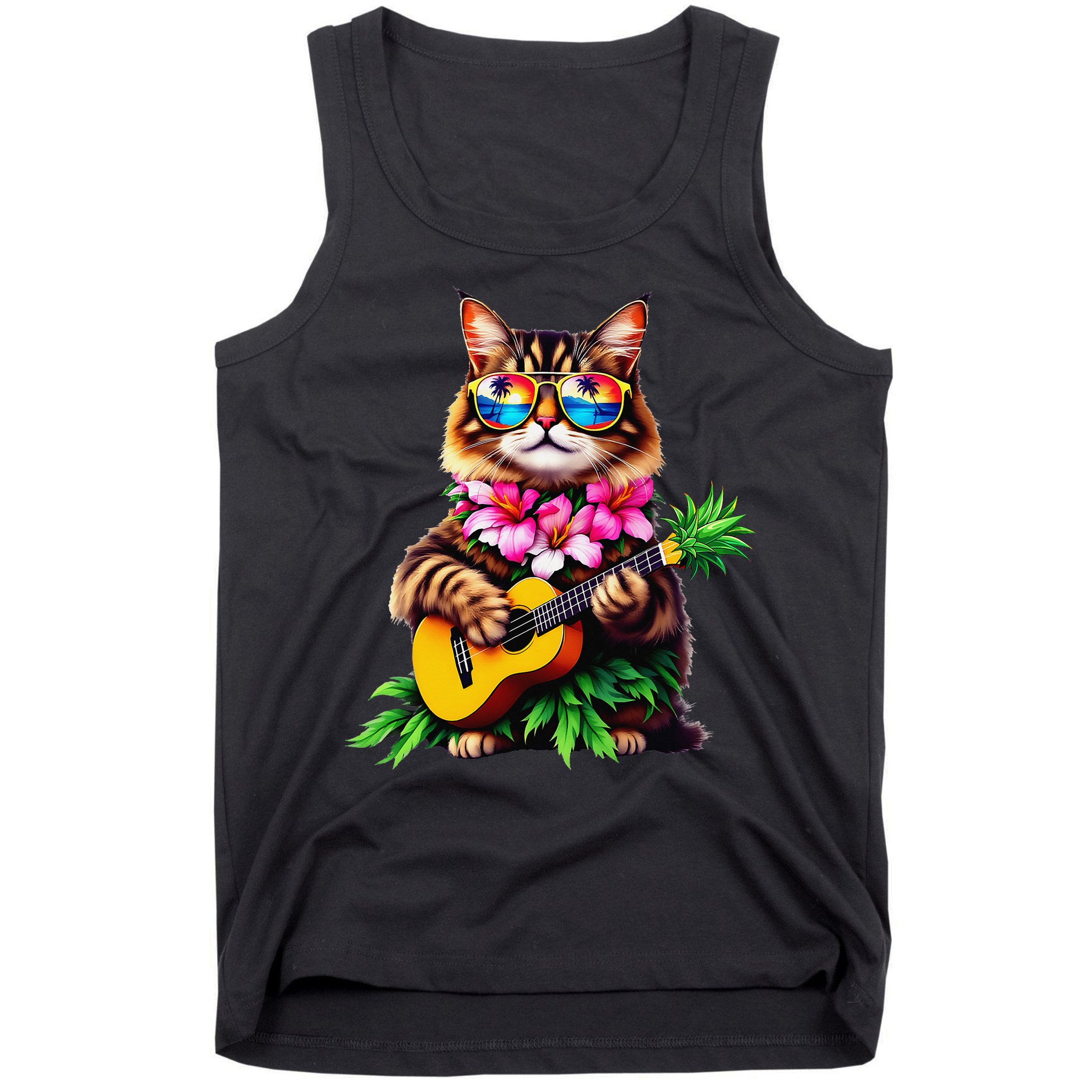 Hawaiian Maine Coon Cat Pineapple Ukulele Summer Vacation Tank Top