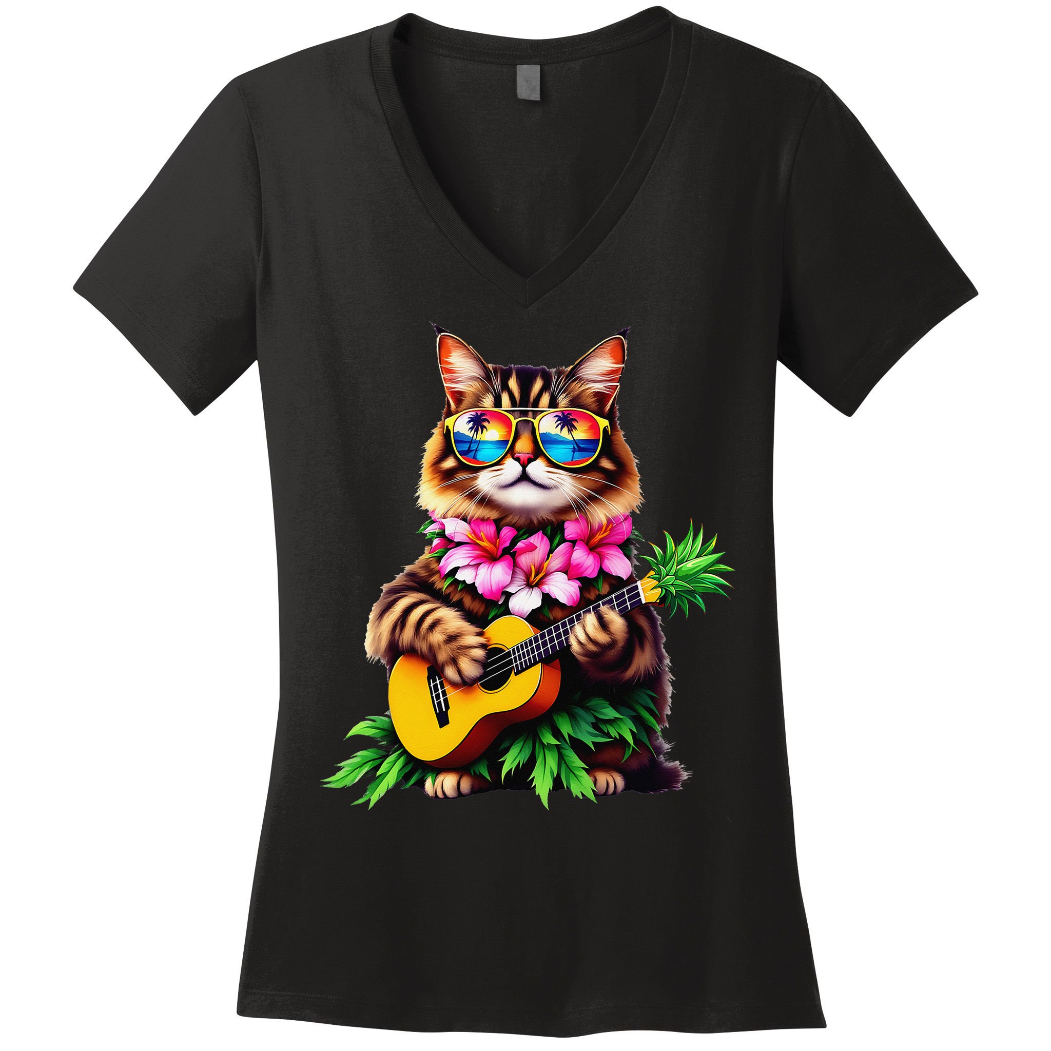 Hawaiian Maine Coon Cat Pineapple Ukulele Summer Vacation Women's V-Neck T-Shirt