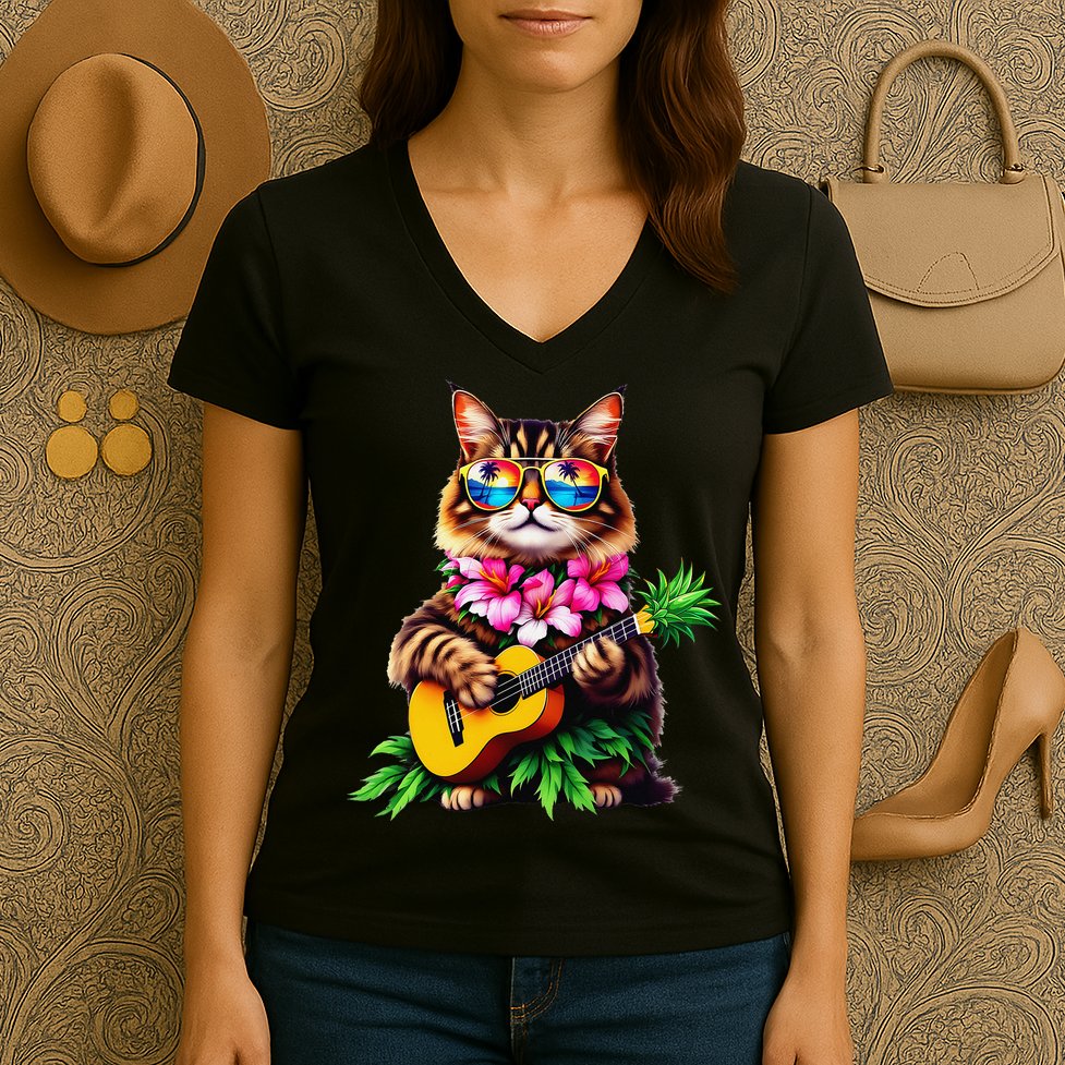 Hawaiian Maine Coon Cat Pineapple Ukulele Summer Vacation Women's V-Neck T-Shirt