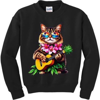Hawaiian Maine Coon Cat Pineapple Ukulele Summer Vacation Kids Sweatshirt