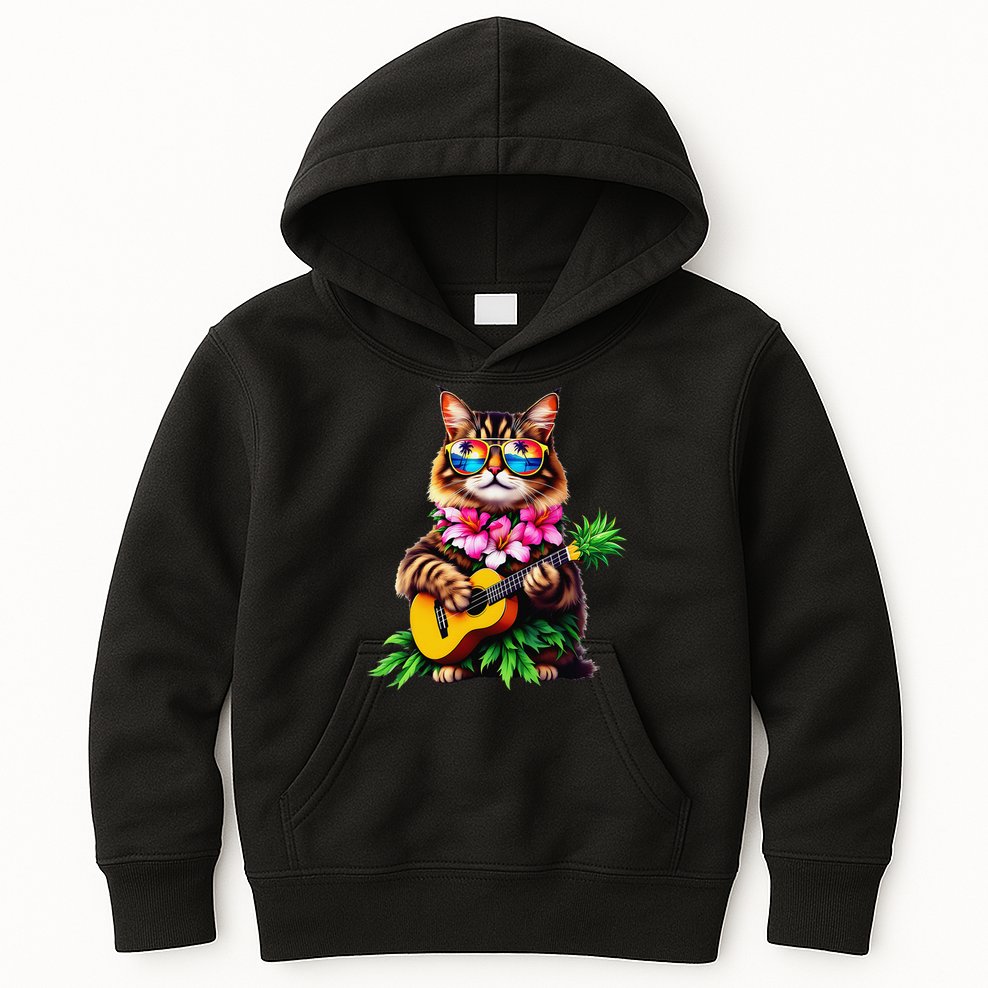 Hawaiian Maine Coon Cat Pineapple Ukulele Summer Vacation Kids Hoodie