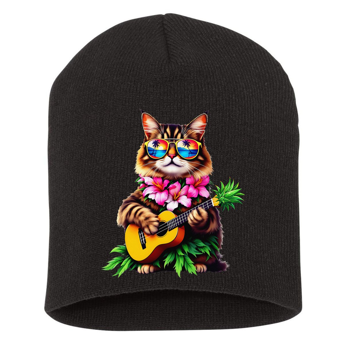 Hawaiian Maine Coon Cat Pineapple Ukulele Summer Vacation Short Acrylic Beanie