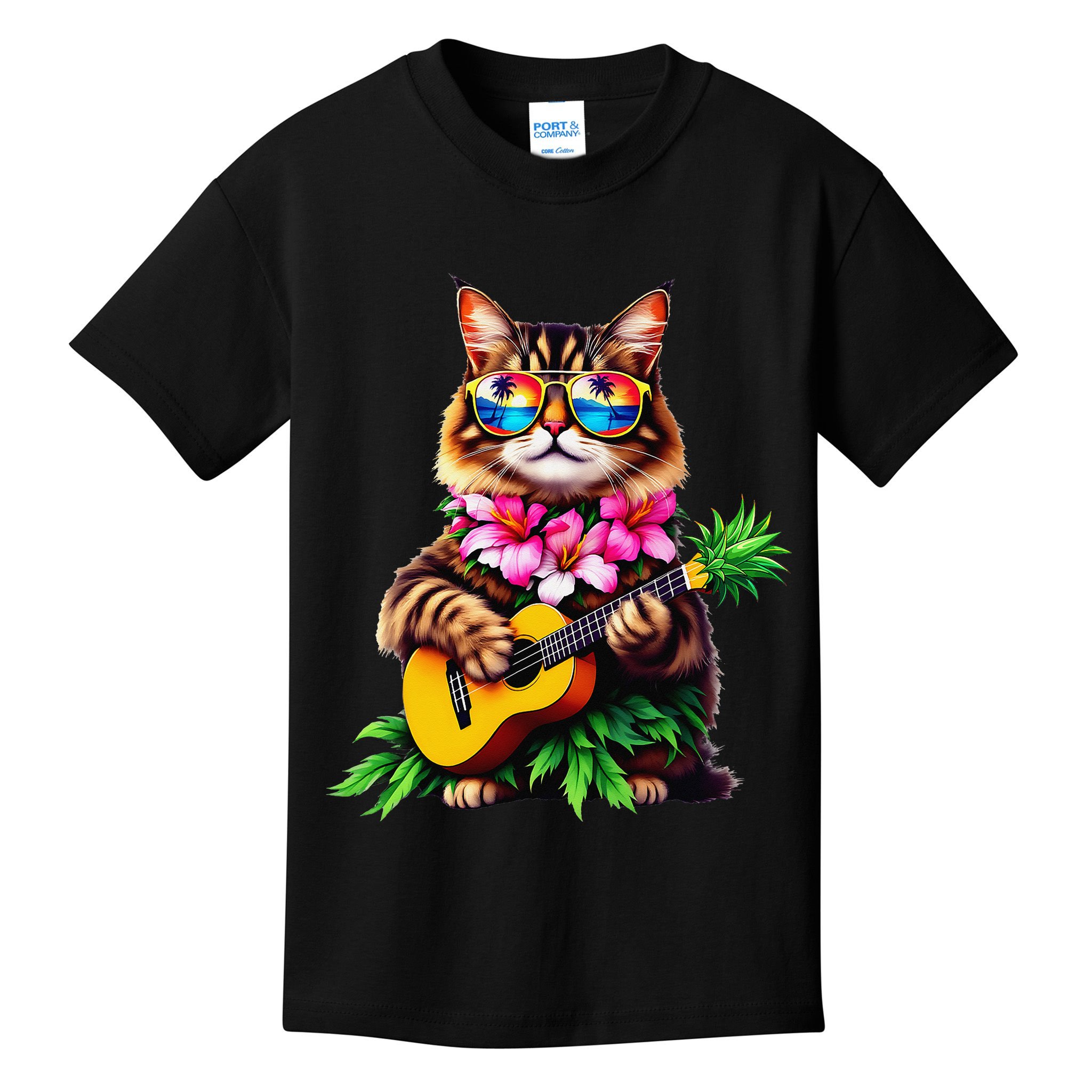 Hawaiian Maine Coon Cat Pineapple Ukulele Summer Vacation Kids T-Shirt