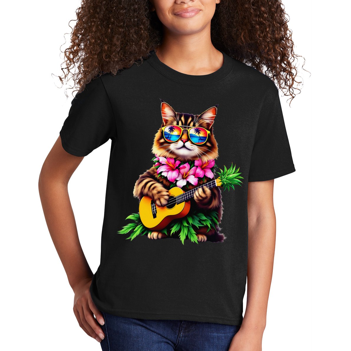 Hawaiian Maine Coon Cat Pineapple Ukulele Summer Vacation Kids T-Shirt