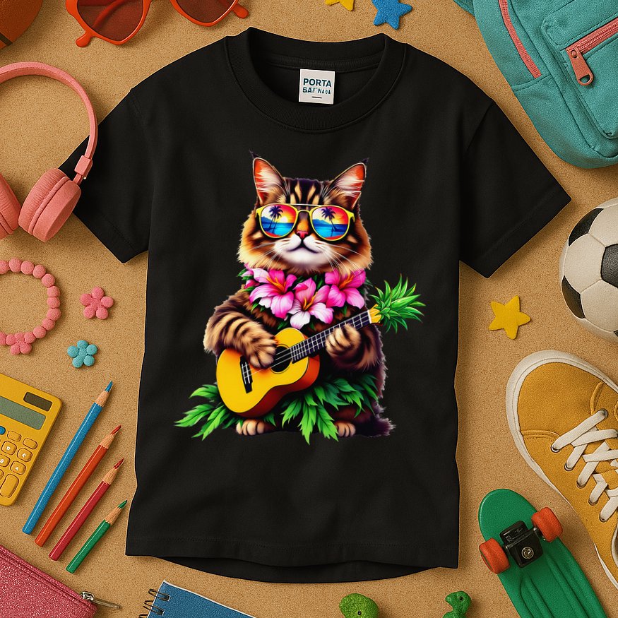 Hawaiian Maine Coon Cat Pineapple Ukulele Summer Vacation Kids T-Shirt