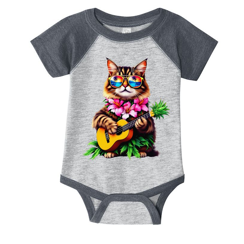 Hawaiian Maine Coon Cat Pineapple Ukulele Summer Vacation Infant Baby Jersey Bodysuit