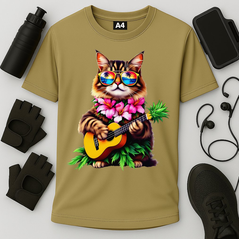 Hawaiian Maine Coon Cat Pineapple Ukulele Summer Vacation Cooling Performance Crew T-Shirt