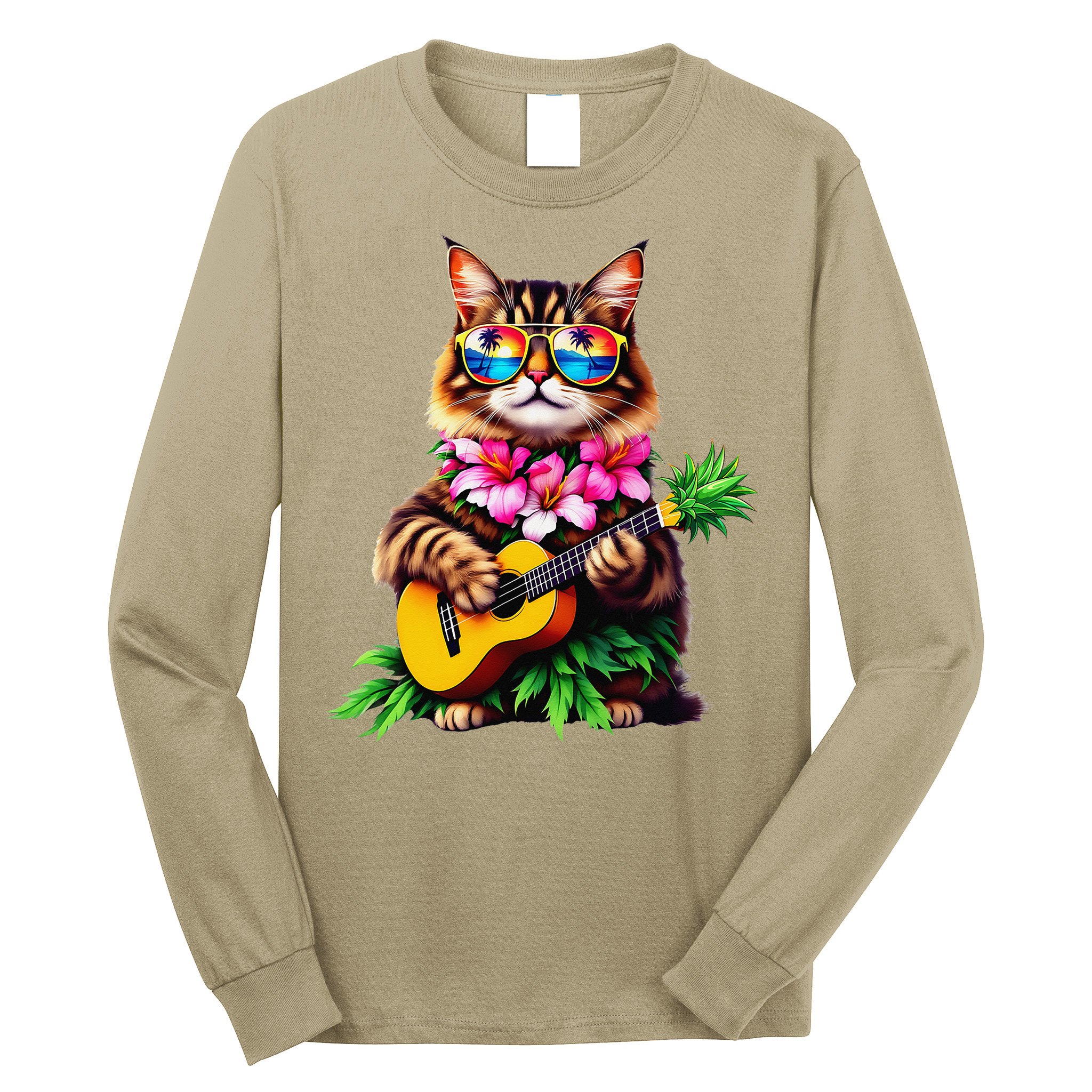 Hawaiian Maine Coon Cat Pineapple Ukulele Summer Vacation Long Sleeve Shirt