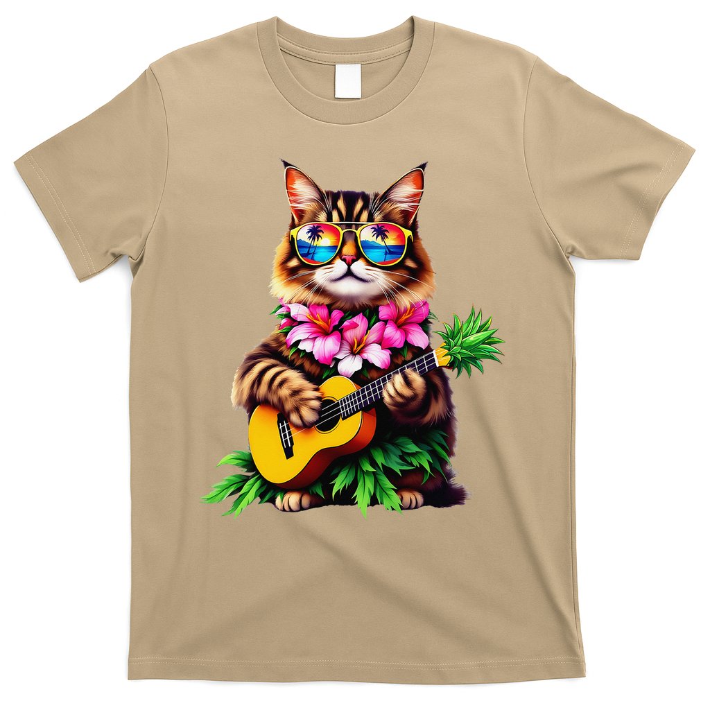 Hawaiian Maine Coon Cat Pineapple Ukulele Summer Vacation T-Shirt