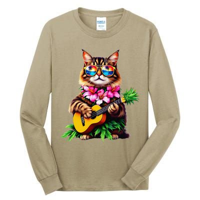 Hawaiian Maine Coon Cat Pineapple Ukulele Summer Vacation Tall Long Sleeve T-Shirt