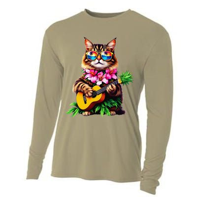 Hawaiian Maine Coon Cat Pineapple Ukulele Summer Vacation Cooling Performance Long Sleeve Crew