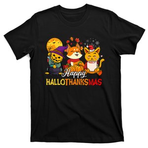 Halloween Merry Christmas Cat And Fox Happy Hallothanksmas T-Shirt