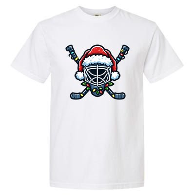 Hockey Mask Christmas Santa Hat With Xmas Lights Gift Garment-Dyed Heavyweight T-Shirt