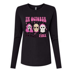 Horror Movie Characters In October We Wear Pink For Breast Cancer Awareness Womens Cotton Relaxed Long Sleeve T-Shirt