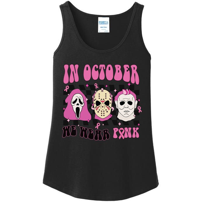 Horror Movie Characters In October We Wear Pink For Breast Cancer Awareness Ladies Essential Tank