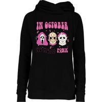 Horror Movie Characters In October We Wear Pink For Breast Cancer Awareness Womens Funnel Neck Pullover Hood