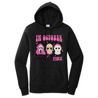 Horror Movie Characters In October We Wear Pink For Breast Cancer Awareness Women's Pullover Hoodie