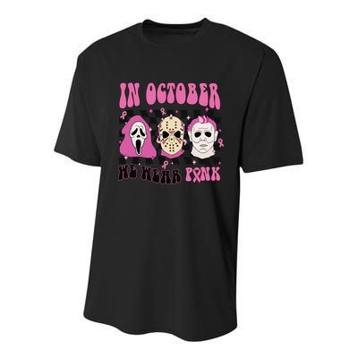 Horror Movie Characters In October We Wear Pink For Breast Cancer Awareness Youth Performance Sprint T-Shirt