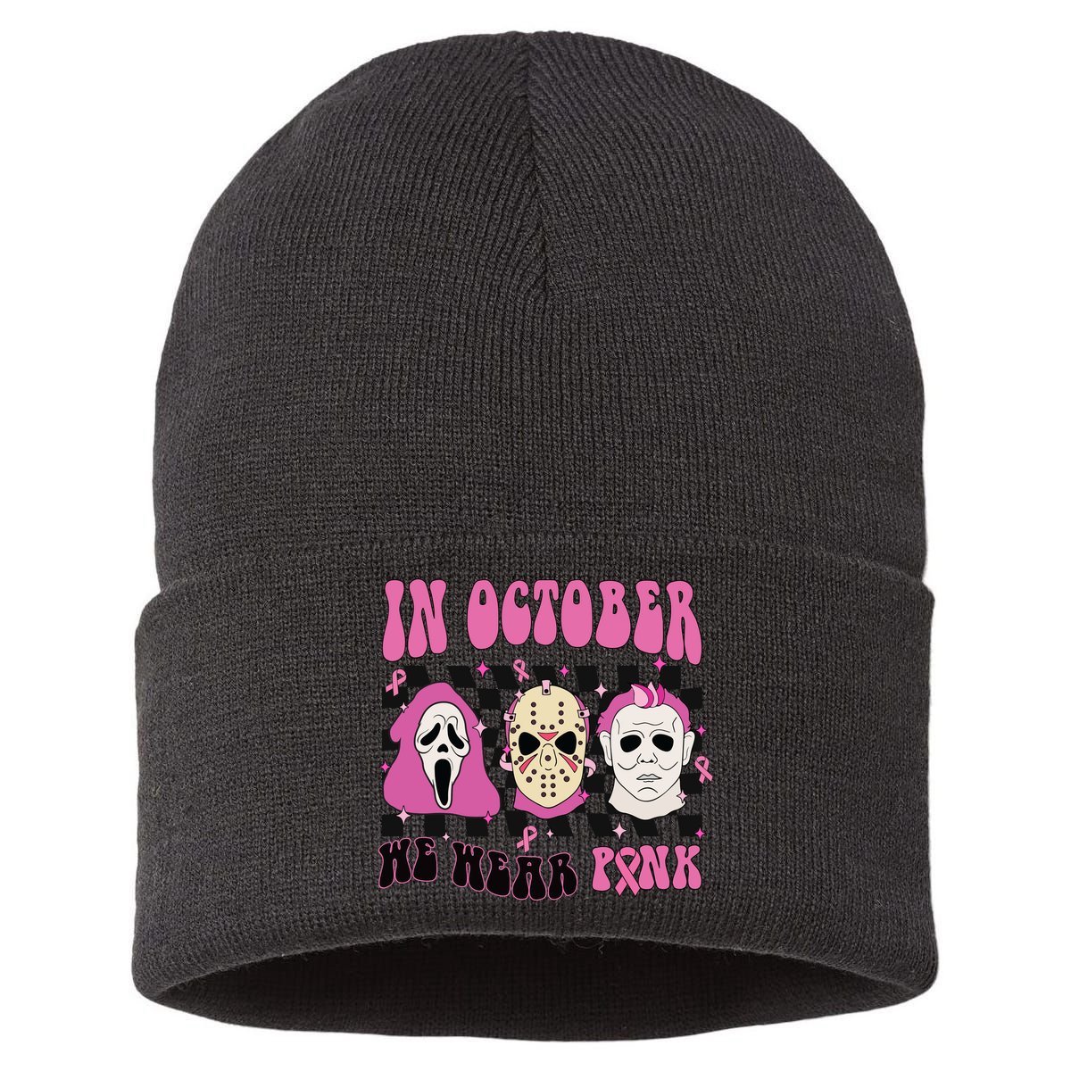 Horror Movie Characters In October We Wear Pink For Breast Cancer Awareness Sustainable Knit Beanie