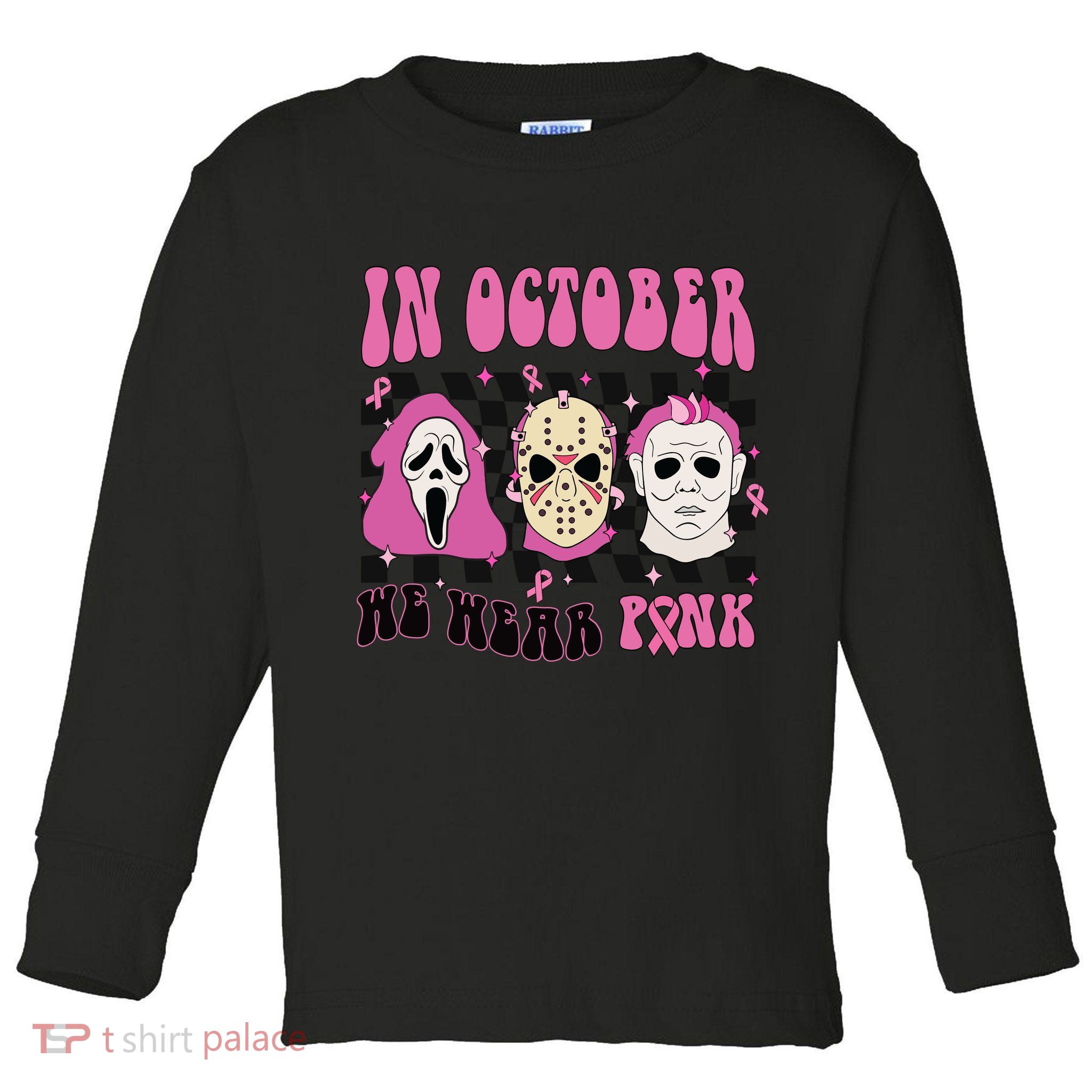 Horror Movie Characters In October We Wear Pink For Breast Cancer Awareness Toddler Long Sleeve Shirt