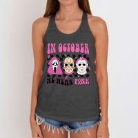 Horror Movie Characters In October We Wear Pink For Breast Cancer Awareness Women's Knotted Racerback Tank