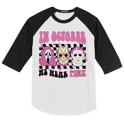 Horror Movie Characters In October We Wear Pink For Breast Cancer Awareness Kids Colorblock Raglan Jersey