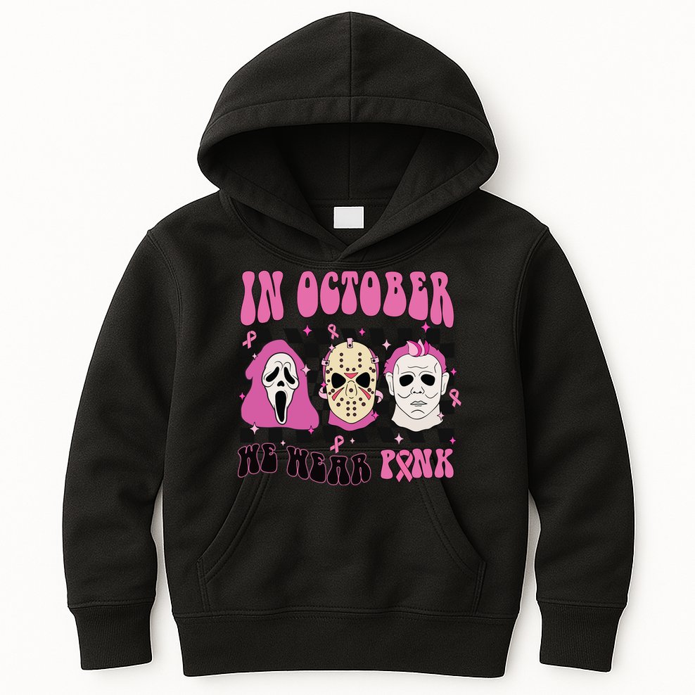 Horror Movie Characters In October We Wear Pink For Breast Cancer Awareness Kids Hoodie