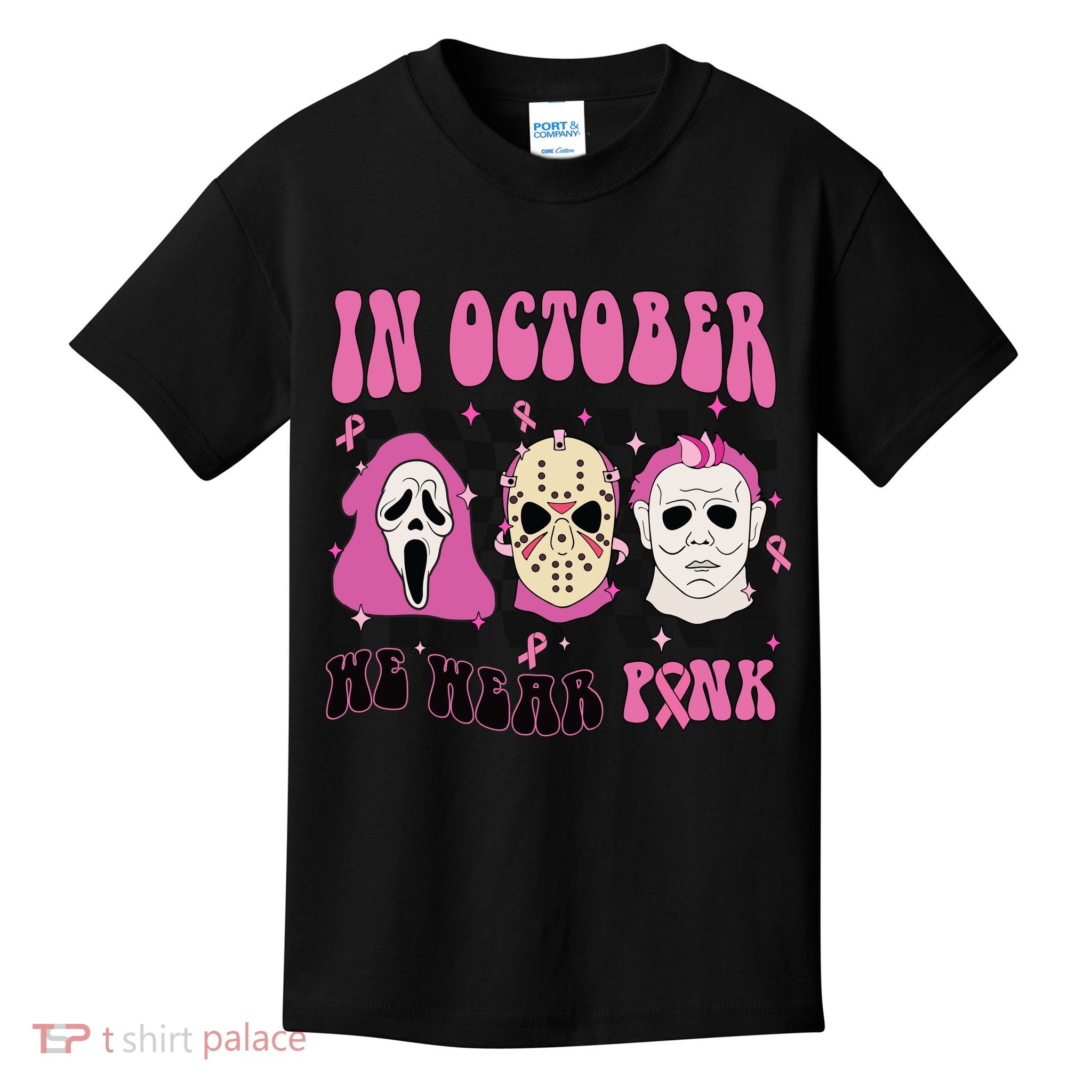 Horror Movie Characters In October We Wear Pink For Breast Cancer Awareness Kids T-Shirt