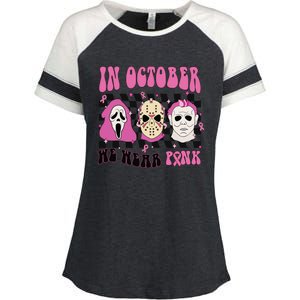 Horror Movie Characters In October We Wear Pink For Breast Cancer Awareness Enza Ladies Jersey Colorblock Tee