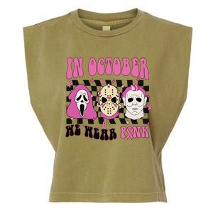 Horror Movie Characters In October We Wear Pink For Breast Cancer Awareness Garment-Dyed Women's Muscle Tee