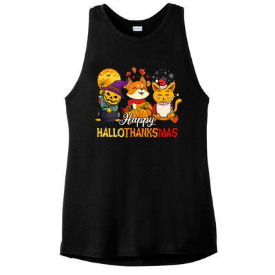 Halloween Merry Christmas Cat And Fox Happy Hallothanksmas Ladies PosiCharge Tri-Blend Wicking Tank