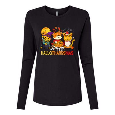 Halloween Merry Christmas Cat And Fox Happy Hallothanksmas Womens Cotton Relaxed Long Sleeve T-Shirt