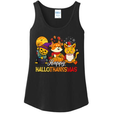 Halloween Merry Christmas Cat And Fox Happy Hallothanksmas Ladies Essential Tank