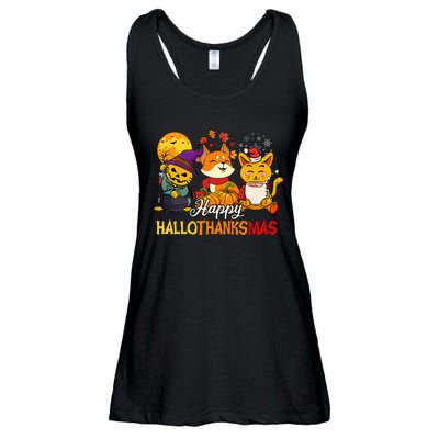 Halloween Merry Christmas Cat And Fox Happy Hallothanksmas Ladies Essential Flowy Tank