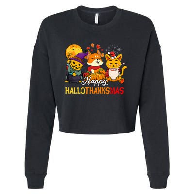 Halloween Merry Christmas Cat And Fox Happy Hallothanksmas Cropped Pullover Crew