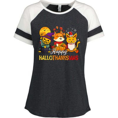 Halloween Merry Christmas Cat And Fox Happy Hallothanksmas Enza Ladies Jersey Colorblock Tee