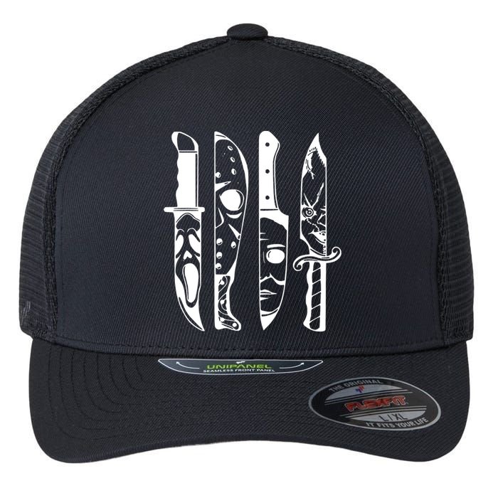 Horror Movie Characters In Knives Halloween Flexfit Unipanel Trucker Cap