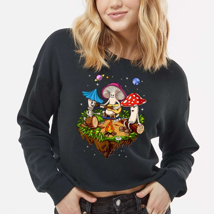 Hippie Mushrooms Camping Psychedelic Forest Fungi Festival Cropped Pullover Crew