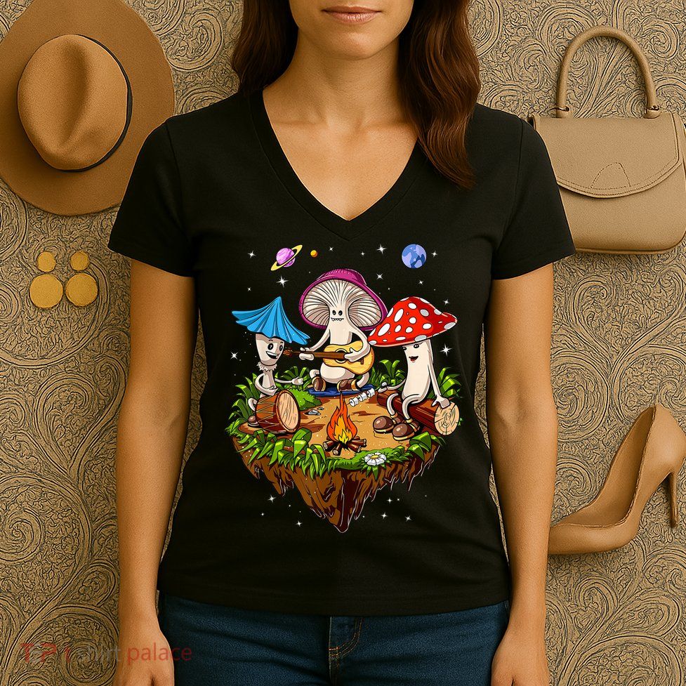 Hippie Mushrooms Camping Psychedelic Forest Fungi Festival Women's V-Neck T-Shirt