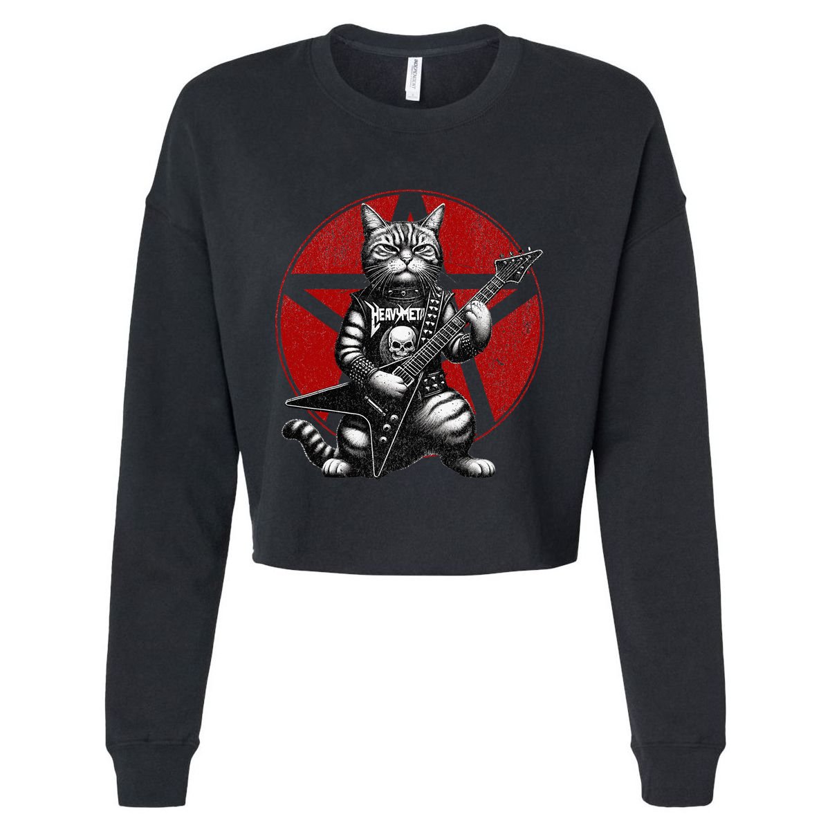 Heavy Metal Cats And Death Metal Music Metalhead Rock Guitar Cropped Pullover Crew