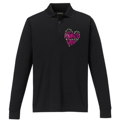 Happy Mother's Day Heart Flower Performance Long Sleeve Polo