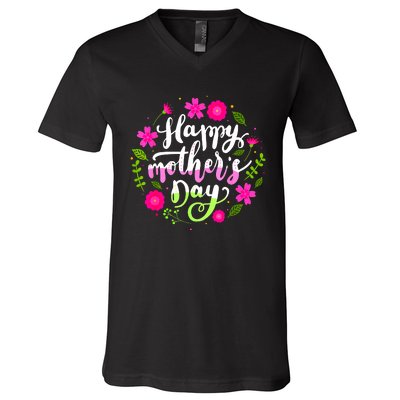 Happy Mother's Day With Floral Mom Mommy Grandma V-Neck T-Shirt