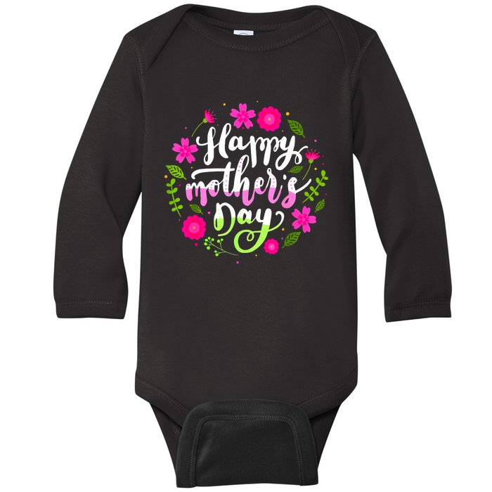 Happy Mother's Day With Floral Mom Mommy Grandma Baby Long Sleeve Bodysuit