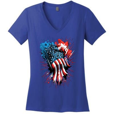 Happy Memorial Day Fireworks American Usa Flag 4th Of July Funny Gift Women's V-Neck T-Shirt