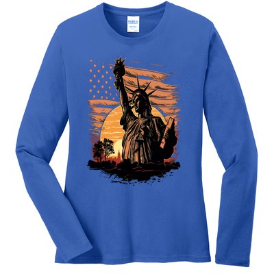 Happy Memorial Day Statue Of Liberty Nyc Usa Flag 4th Of Gift Ladies Long Sleeve Shirt