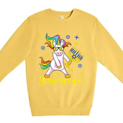 Hanukkah Menorah Dabbing Unicorn Funny Chanukah Jewish Gift Premium Crewneck Sweatshirt